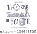 Vintage German Letterpress Illustration With Barrel, Haystack And Decorative Typography Elements 134643505