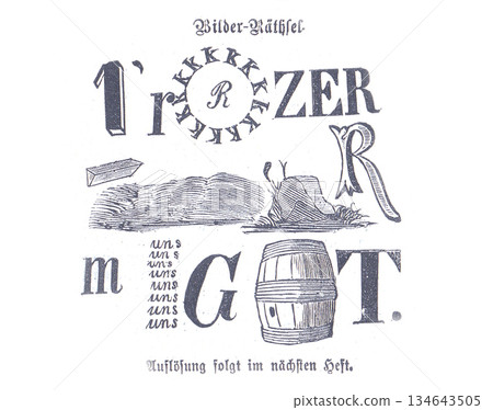Vintage German Letterpress Illustration With Barrel, Haystack And Decorative Typography Elements Vintage German Letterpress Illustration With Barrel, Haystack And Decorative Typography Elements 134643505