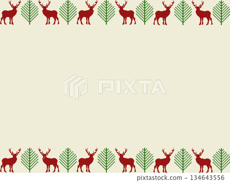 Christmas cross-stitch border featuring red reindeer and green trees. Perfect for holiday frames, greeting cards, and festive templates with space for text. 134643556