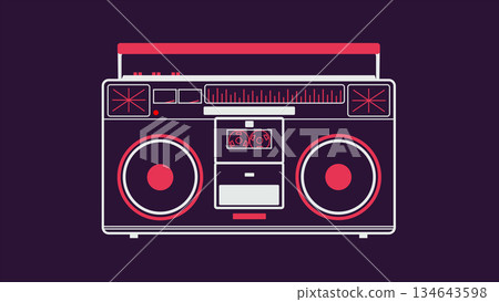 Vintage boombox made from shapes plays music on a dark background. Retro tape recorder from 1980s. Front view. Vintage boombox made from shapes plays music on a dark background. Retro tape recorder from 1980s. Front view. 134643598
