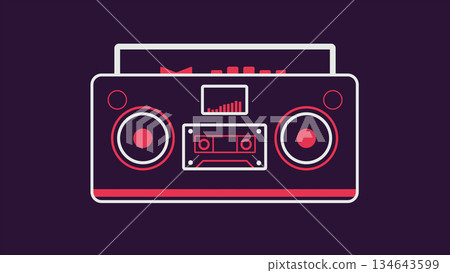 Retro boombox plays music on a dark background. Vintage tape recorder from 1980s. Front view. 134643599