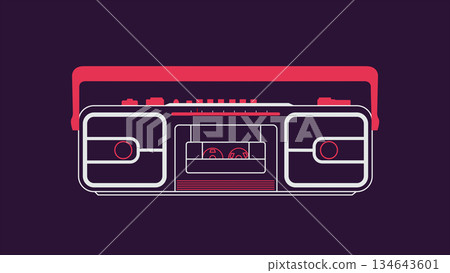 Shaped retro boombox from 1980s. Retro tape recorder from shapes plays music. Front view. Vintage style. 134643601