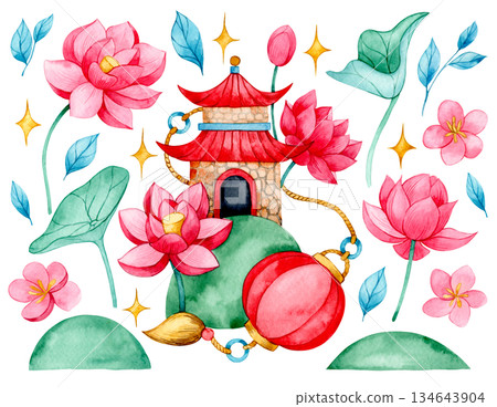 set of cute Asian illustrations. Pagoda, lotus, and lantern. Watercolor clip art 134643904