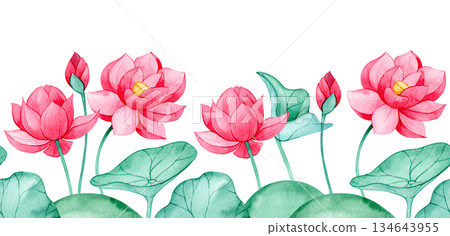 Seamless border with pink lotus flowers and leaves. Watercolor illustration 134643955