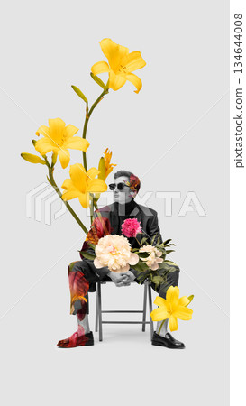Fashion artwork of seated man surrounded by yellow flowers. Fashion artwork of seated man surrounded by yellow flowers. 134644008