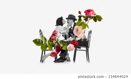 Editorial artwork of vintage couple with floral collage. Editorial artwork of vintage couple with floral collage. 134644024