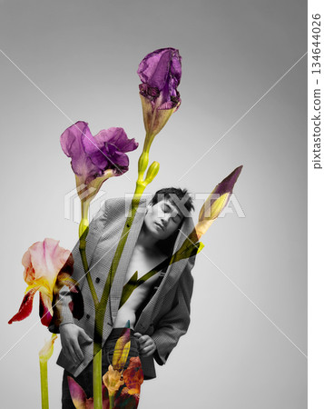 Surreal floral artwork with male figure merged with iris flowers. Surreal floral artwork with male figure merged with iris flowers. 134644026