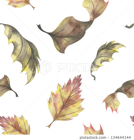 Autumn dry leaves seamless pattern. Hand-drawn watercolor illustration. Perfect for seasonal design, fabric prints, and fall-themed projects Autumn dry leaves seamless pattern. Hand-drawn watercolor illustration. Perfect for seasonal design, fabric prints, and fall-themed projects 134644144