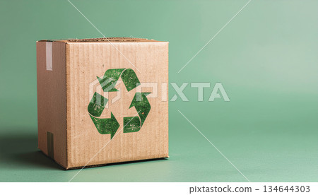 Sustainable Cardboard Box with Green Recycling Symbol. Sustainable Cardboard Box with Green Recycling Symbol. 134644303