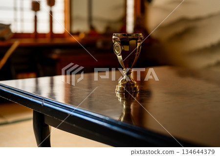桌上的金色獎杯 134644379