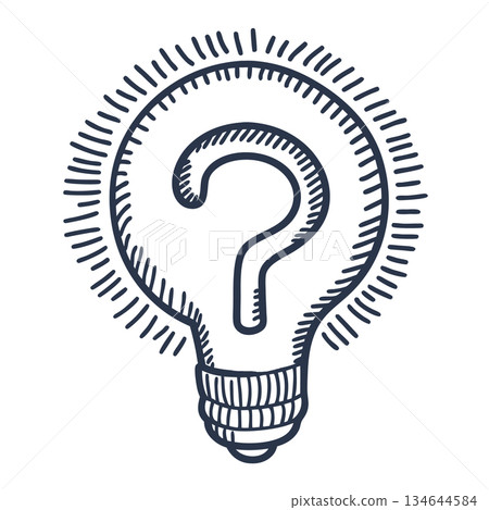 hand drawn light bulb outline with central question mark creative idea, innovation and curiosity concept illustration, AI Generative 134644584