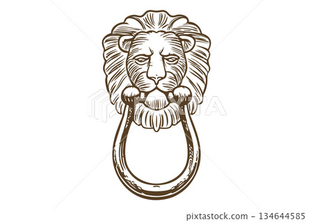 Lion head door knocker illustration vintage ornate lion face holding metal ring, antique classical decor, AI Generative 134644585