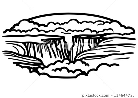 Waterfall illustration with dramatic clouds and flowing water nature landscape line art, drawing, AI Generative 134644753
