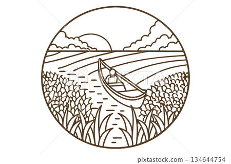Person in canoe paddling through river in landscape with tall grass, sunset, clouds and open fields, nature scene, AI Generative 134644754