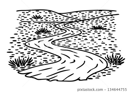 Winding river through arid desert landscape with sparse vegetation and hills hand drawn nature illustration, AI Generative 134644755