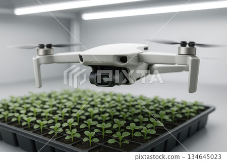 Compact agricultural drone hovering over young seedlings in an indoor smart farm environment for precision crop monitoring, AI Generative Compact agricultural drone hovering over young seedlings in an indoor smart farm environment for precision crop monitoring, AI Generative 134645023