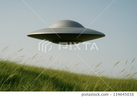 Futuristic metallic ufo hovers silently above serene grassy meadow with clear sky and natural sunlight in the background, AI Generative Futuristic metallic ufo hovers silently above serene grassy meadow with clear sky and natural sunlight in the background, AI Generative 134645038