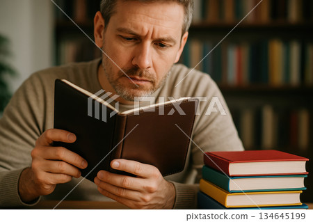 Mature man reading a book indoors with a thoughtful expression, surrounded by stacked colorful books in a cozy library setting, AI Generative 134645199