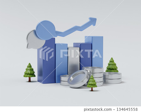 Economic analysis with growth charts and financial elements. 3D render illustration 134645558
