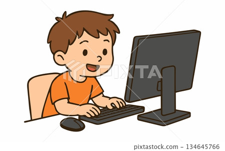 Cartoon illustration of a boy using a desktop computer. Cartoon illustration of a boy using a desktop computer. 134645766