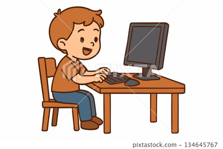 Cartoon illustration of a boy using a desktop computer. 134645767