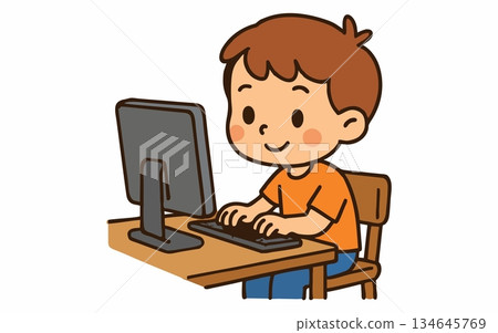 Cartoon illustration of a boy using a desktop computer. Cartoon illustration of a boy using a desktop computer. 134645769