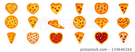 Pizza heart icons set. Set of tasty pizzas with different ingredients showing romantic love for italian food 134646168