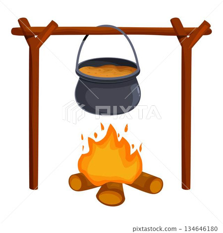 Cooking pot hanging over burning campfire on wooden stand Cooking pot hanging over burning campfire on wooden stand 134646180