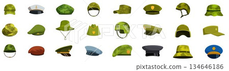Military caps icons set. Military and police headwear collection showing different styles and nationalities Military caps icons set. Military and police headwear collection showing different styles and nationalities 134646186