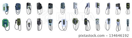 Electric car wall charger icons set. Electric vehicle green energy charging station icons showing different types of connectors 134646192