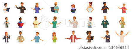 Vocal lessons icon set. Diverse group of people speaking and performing on stage Vocal lessons icon set. Diverse group of people speaking and performing on stage 134646224