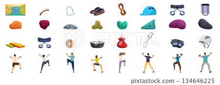 Bouldering gym icons set. People climbing up artificial wall at gym using special equipment set Bouldering gym icons set. People climbing up artificial wall at gym using special equipment set 134646225