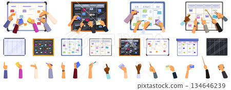 Scrum board icons set. Business team planning project using agile methodology, scrum task board with sticky notes Scrum board icons set. Business team planning project using agile methodology, scrum task board with sticky notes 134646239