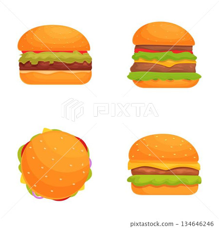 Vibrant collection of four cartoonstyle burger illustrations on a white background 134646246