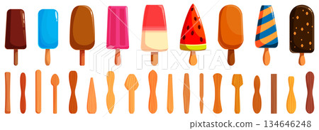 Popsicle stick icons set. Collection of delicious and refreshing ice cream on wooden sticks for hot summer days Popsicle stick icons set. Collection of delicious and refreshing ice cream on wooden sticks for hot summer days 134646248