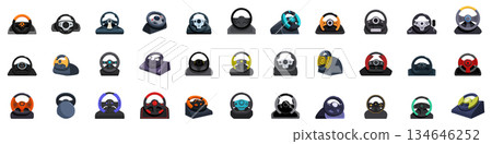 Game controller steering wheel icons set. Large set of different gaming wheels for realistic racing simulator experience 134646252