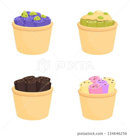 Thai icecream icons set cartoon vector. Various rolled ice cream in cup Thai icecream icons set cartoon vector. Various rolled ice cream in cup 134646256