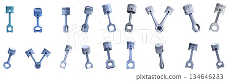 Car engine piston icons set. Set of engine pistons showing different angles and positions 134646283