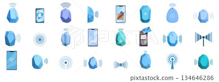 Beacon technology icons set. Bluetooth beacon set with various devices connecting and transmitting data 134646286