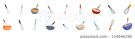 Baking whisk icons set. Collection of whisk icons, cartoon style, mixing tools for cooking and baking Baking whisk icons set. Collection of whisk icons, cartoon style, mixing tools for cooking and baking 134646296