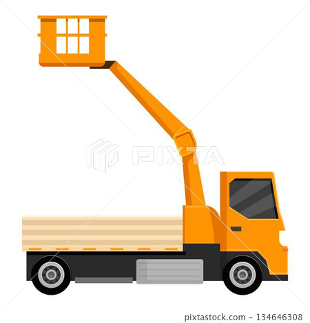 Orange elevated cherry picker truck lifting its arm upwards Orange elevated cherry picker truck lifting its arm upwards 134646308