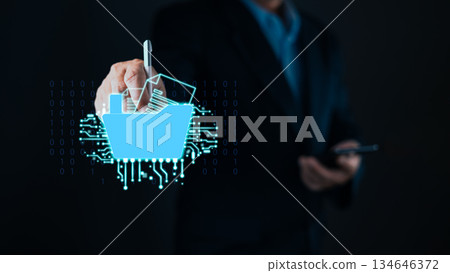businessman uses a stylus and smartphone with a glowing digital folder interface, symbol document management, digital storage, cloud organization, electronic files, and secure data access technology. businessman uses a stylus and smartphone with a glowing digital folder interface, symbol document management, digital storage, cloud organization, electronic files, and secure data access technology. 134646372