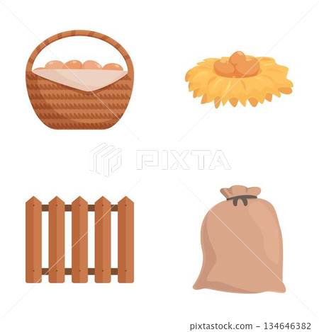 Set of country life icons basket, hay, fence, sack Set of country life icons basket, hay, fence, sack 134646382
