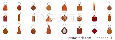 Leather keychain icons set. Leather keychain collection presenting various shapes and styles Leather keychain icons set. Leather keychain collection presenting various shapes and styles 134646391