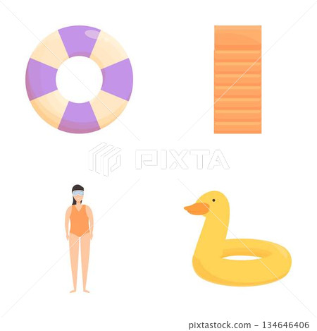 Variety of summer pool accessories and swimmer icon set 134646406
