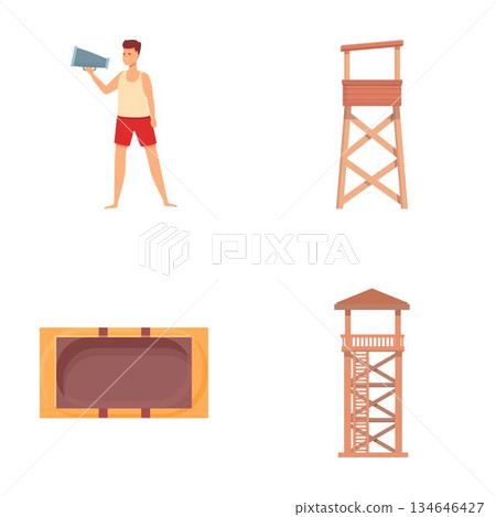 Beach lifeguard icons set cartoon vector. Lifeguard man character doing his job Beach lifeguard icons set cartoon vector. Lifeguard man character doing his job 134646427