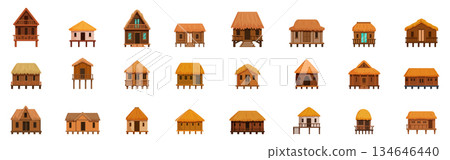 Tropical jungle house icons set. Bungalow house icons set. Cartoon set of bungalow house vector icons for web design Tropical jungle house icons set. Bungalow house icons set. Cartoon set of bungalow house vector icons for web design 134646440