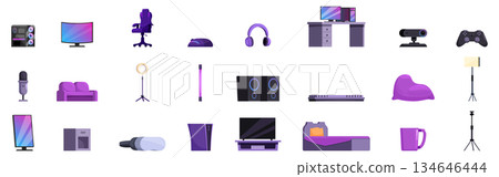 Gamer room interior icons set. Modern gamer room essentials featuring high tech equipment and comfortable furniture for streaming and gaming 134646444