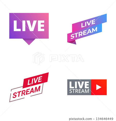 Collection of colorful live stream banners suitable for web and video broadcasting 134646449