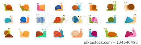 Cute snail icons set. Set of funny snails with colorful shells crawling and smiling Cute snail icons set. Set of funny snails with colorful shells crawling and smiling 134646456
